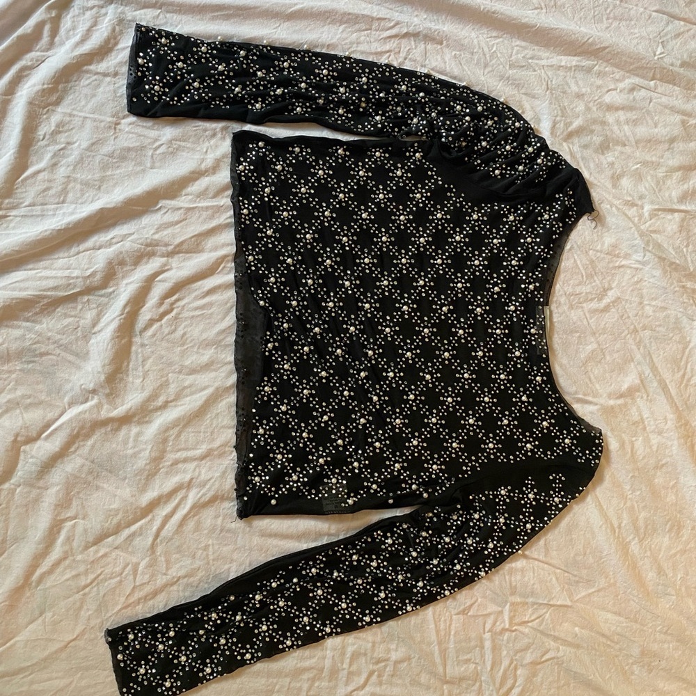 Black Long Sleeve Mesh Top with Pearl Button Pattern - Medium